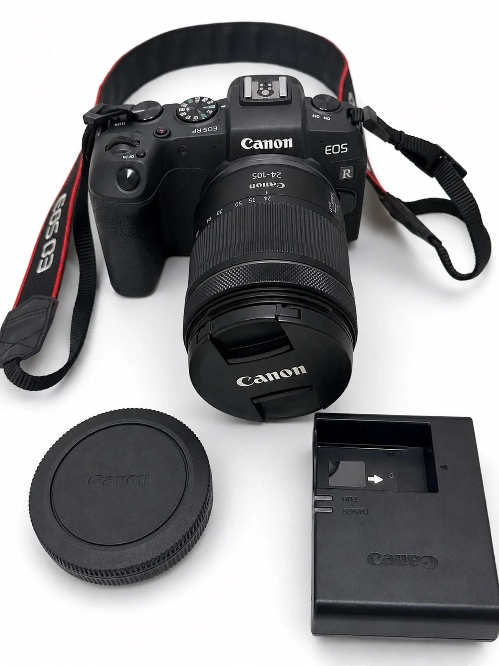 Canon EOS R Mirrorless Camera with 24-105mm Lens in Black and Red Accents